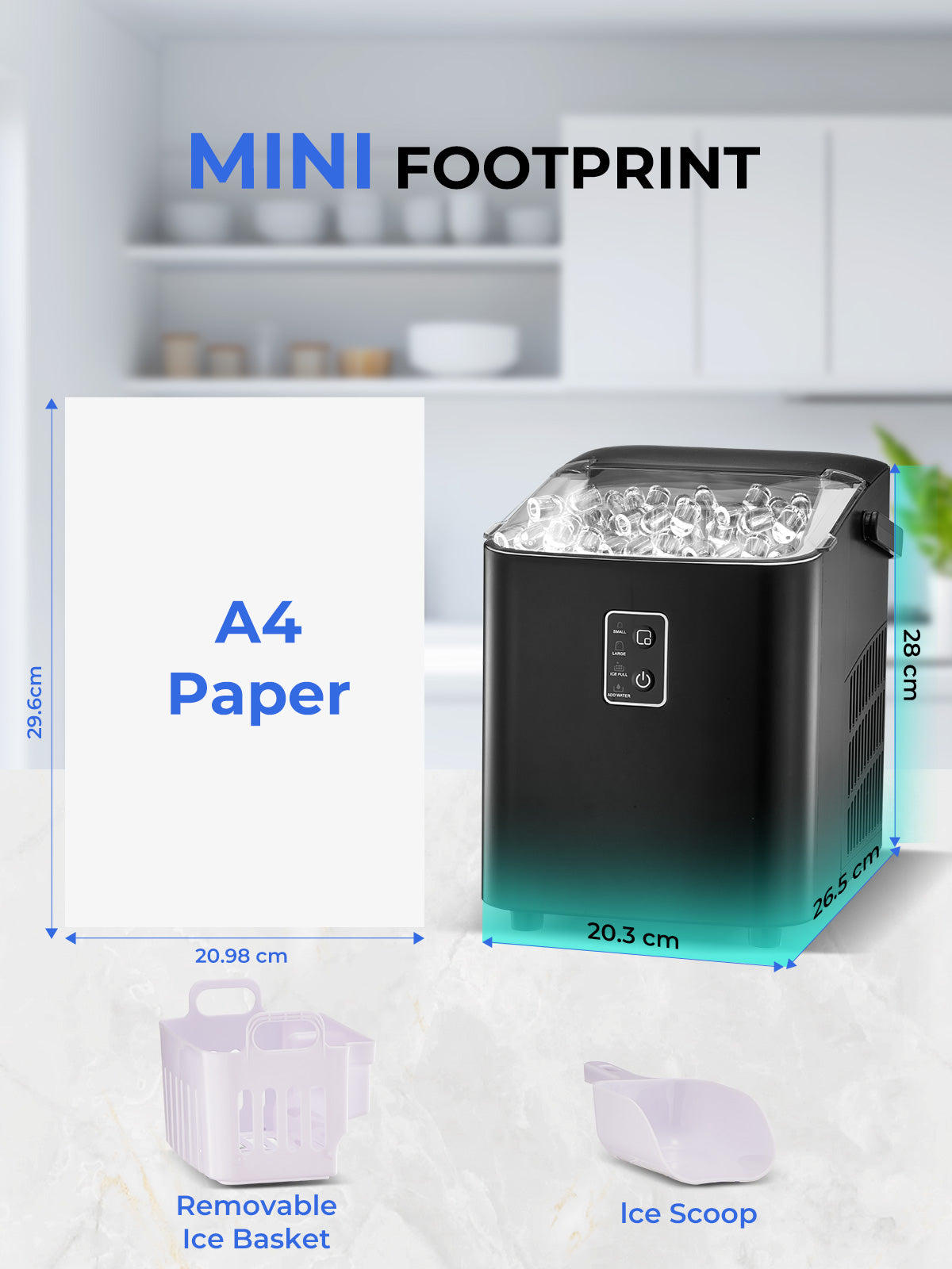 Ice Maker Machine Countertop 30lbs in 24H, 2 Sizes, Comfort Handle, Seflclean, Bullet Shaped Ice for Home Kitchen Office Bar,