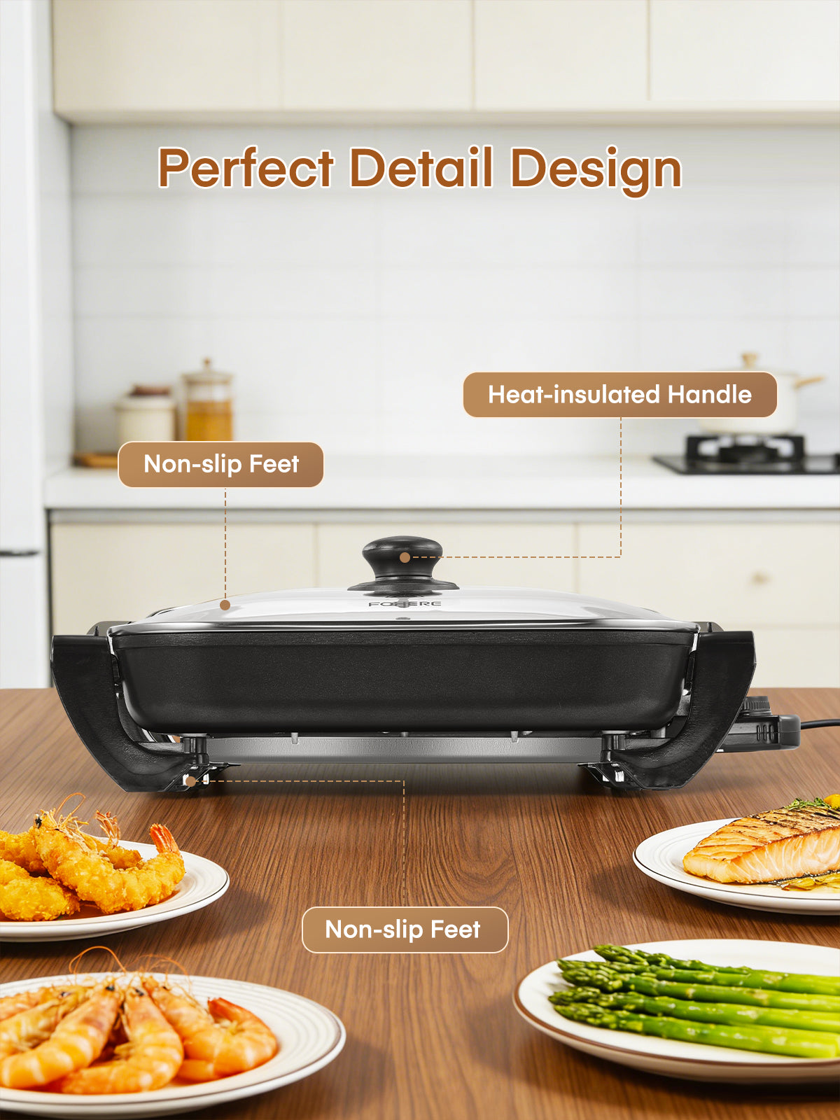 FOHERE 16-Inch Electric Skillet with Non-Stick Coating, Tempered Glass Cover, Precise Temperature Control, 1500W