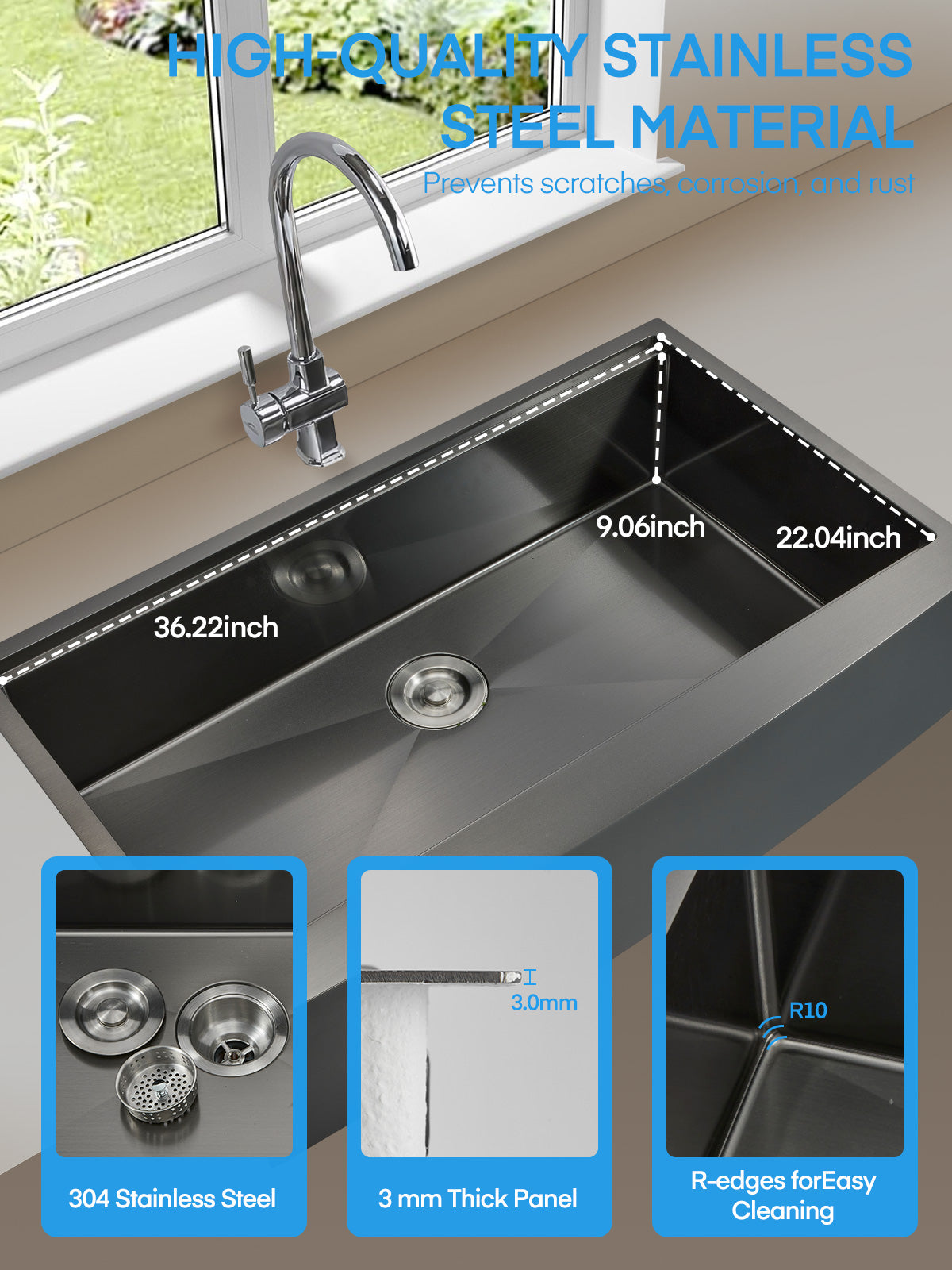 36" Farmhouse Single Basin Stainless Steel Sink, Above Counter Kitchen Sink, 5-in-1