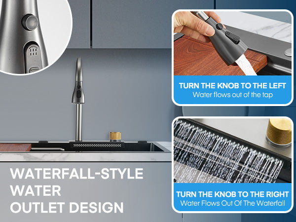 31.5" Waterfall Stainless Steel Kitchen Sink Set with Pull-Down Dual Temperature Control Faucet