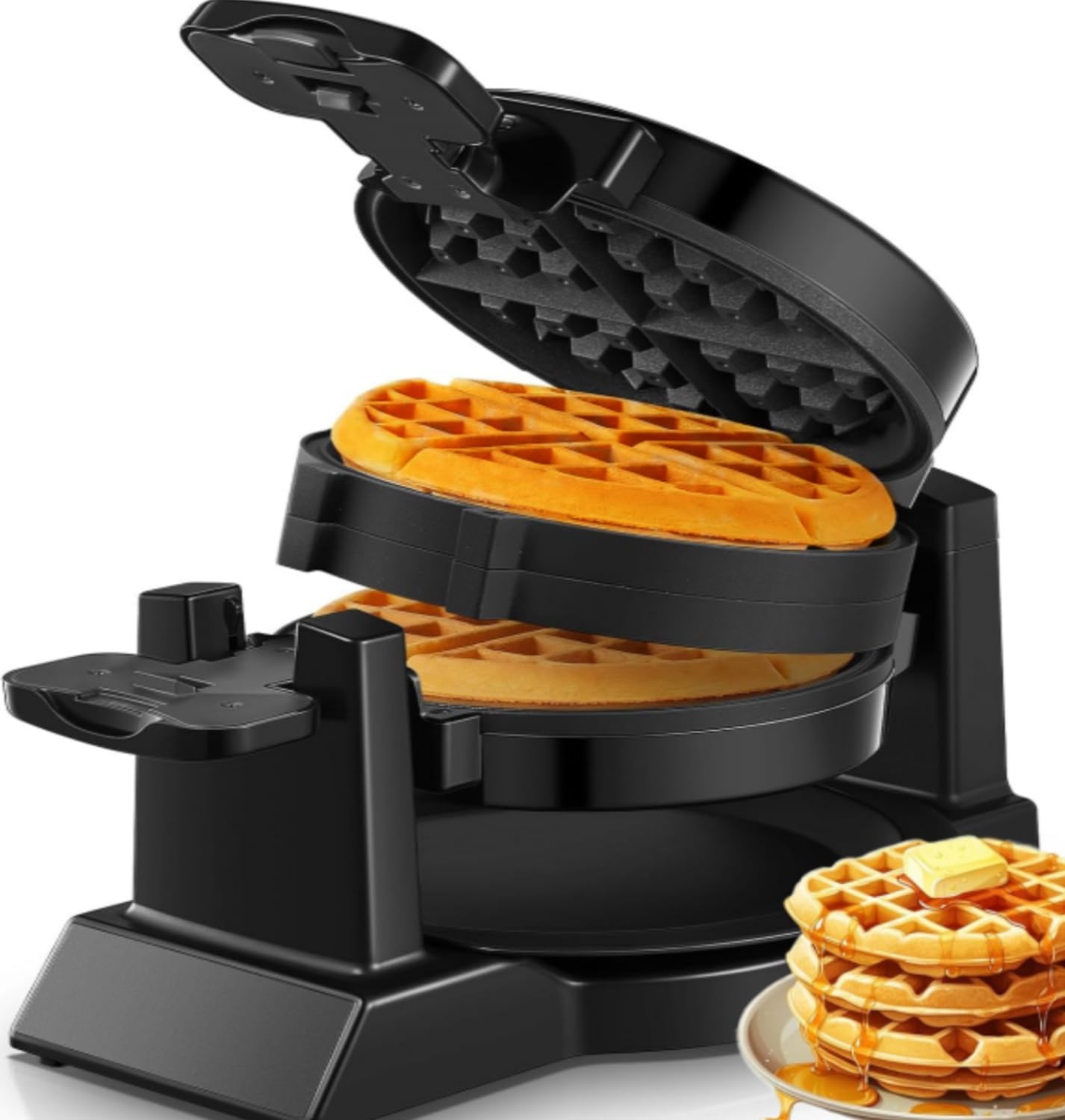 Waffle Maker, 𝟏𝟒𝟎𝟎𝐖 𝐃𝐨𝐮𝐛𝐥𝐞 Belgian Waffle Iron 180° Flip, 8 Slices, Rotating & Nonstick Plates, Removable Drip Tray for Easy Cleaning, Cool Touch Handles, Space Saving Storage, Black