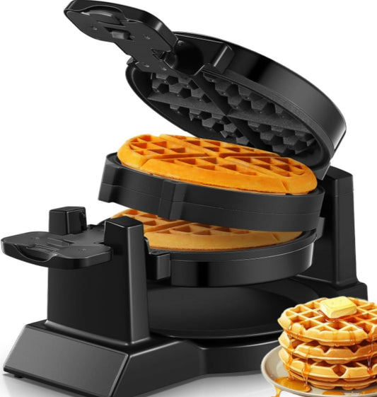 Waffle Maker, 𝟏𝟒𝟎𝟎𝐖 𝐃𝐨𝐮𝐛𝐥𝐞 Belgian Waffle Iron 180° Flip, 8 Slices, Rotating & Nonstick Plates, Removable Drip Tray for Easy Cleaning, Cool Touch Handles, Space Saving Storage, Black