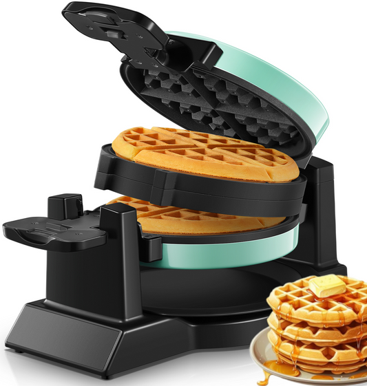 Waffle Maker, 𝟏𝟒𝟎𝟎𝐖 𝐃𝐨𝐮𝐛𝐥𝐞 Belgian Waffle Iron 180° Flip, 8 Slices, Rotating & Nonstick Plates, Removable Drip Tray for Easy Cleaning, Cool Touch Handles, Space Saving Storage, Blue