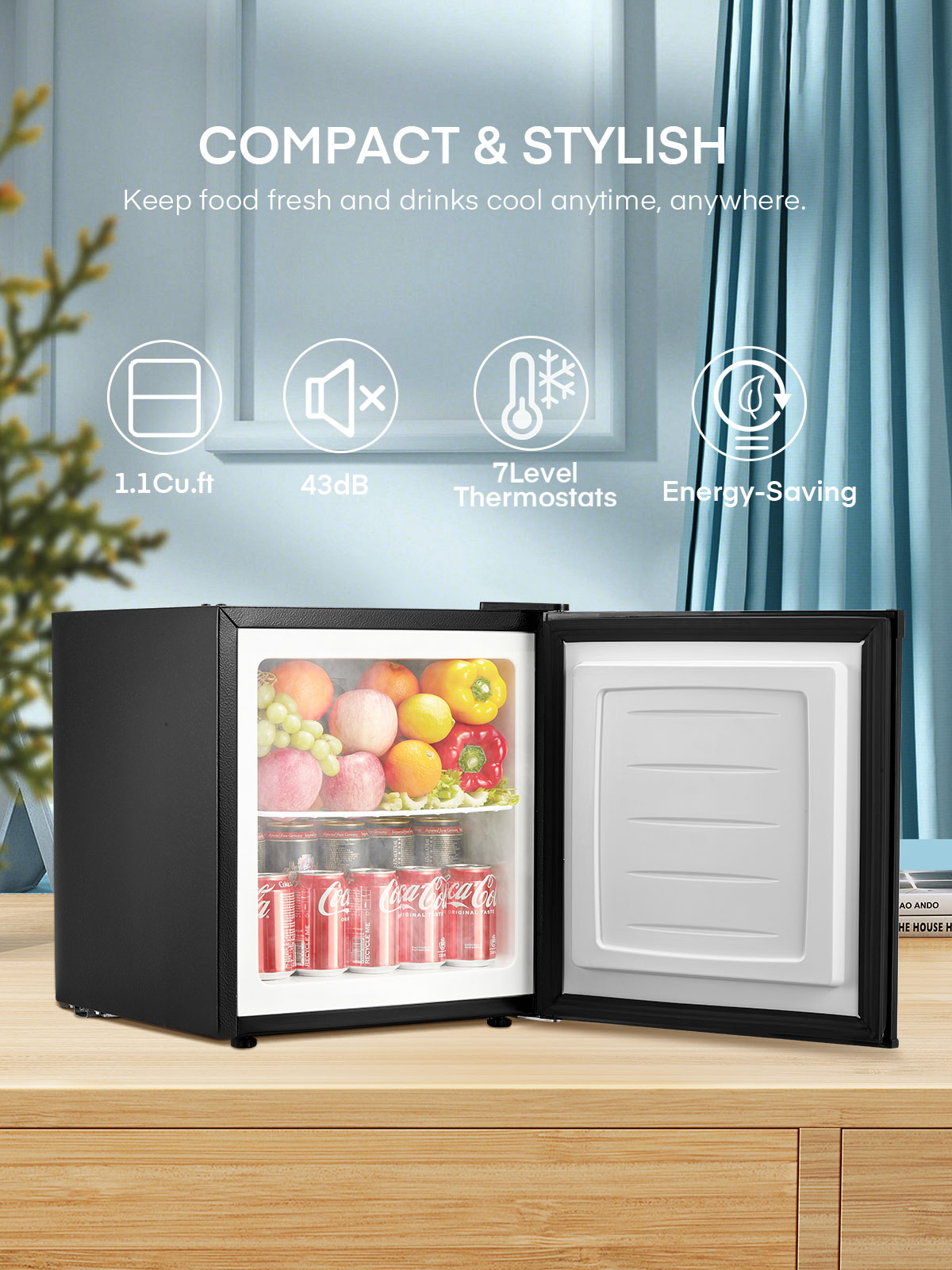 1.1 Cu Ft Mini Upright Freezer, Compact Countertop Freezer, 7-Level Thermostat, Quiet Operation, Reversible Door