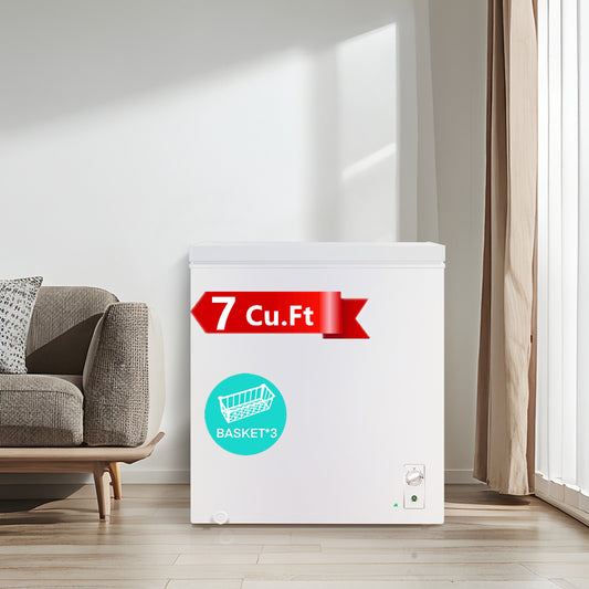 Chest Freezer 7 Cu Ft - 3 Removable Baskets - Quiet Compact Freezer - White