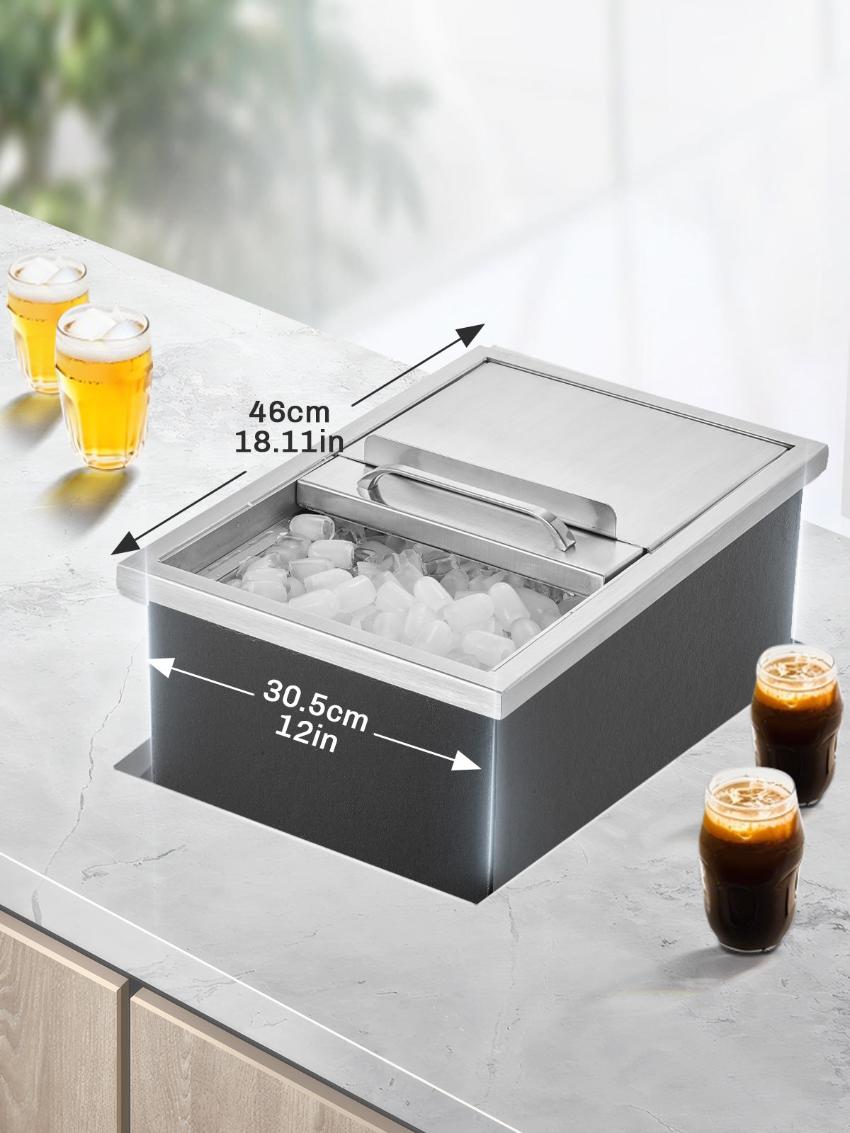 Drop in Ice Chest, 18" x 12" x 14.5", 28Qt Stainless Steel Ice Cooler with Sliding Lid