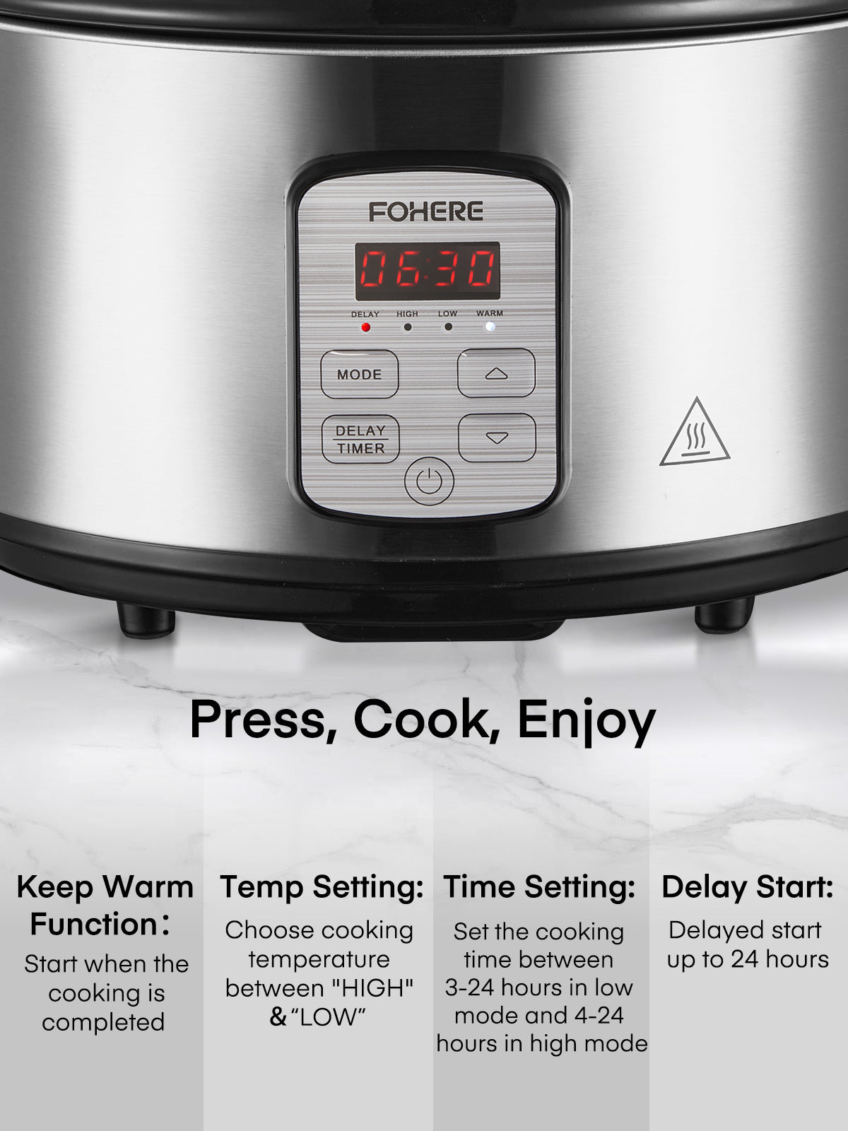 FOHERE 6.0 Qt Programmable Slow Cooker, Ceramic Ineer Pot, Adjustable Temperature & Cooking Times, Dishwasher Safe Stoneware Pot & Tempered Glass Lid