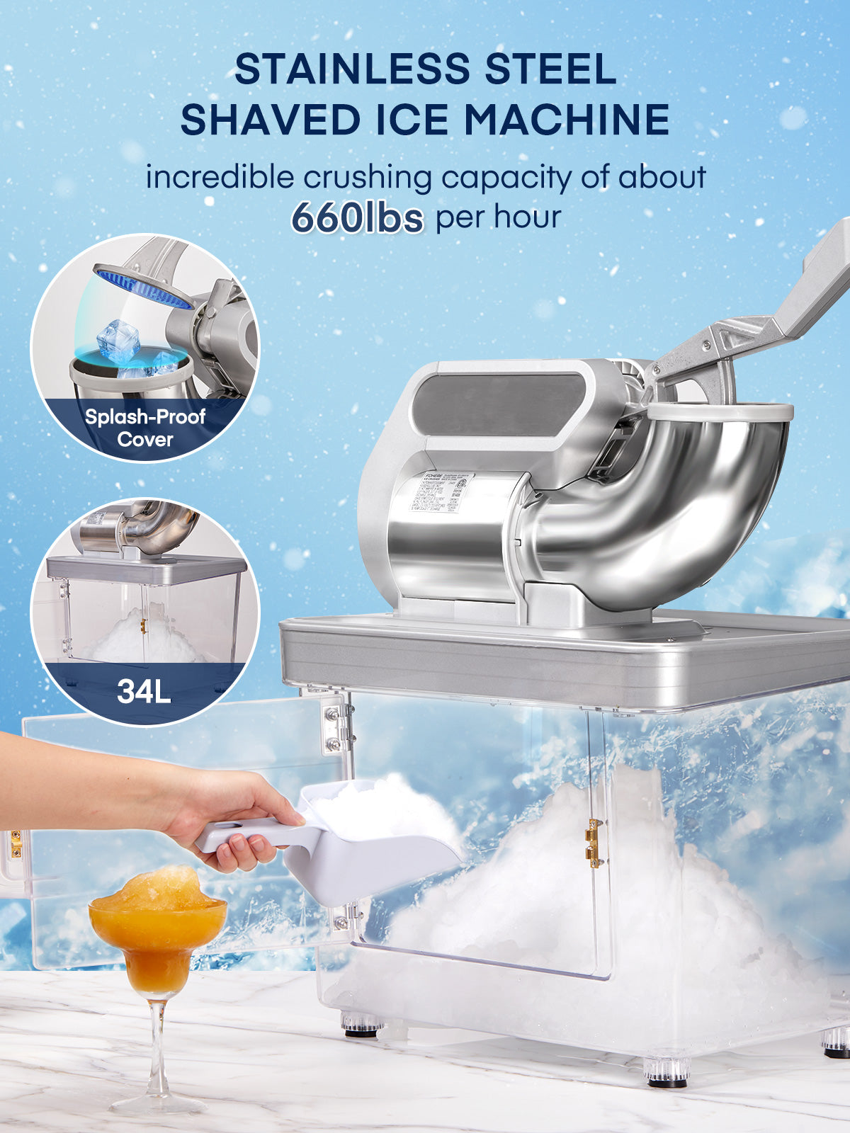 Ice Crusher 660LBS/H, 300W Electric Snow Cone Machine with Dual Blades, Stainless Steel Shaved Ice Machine