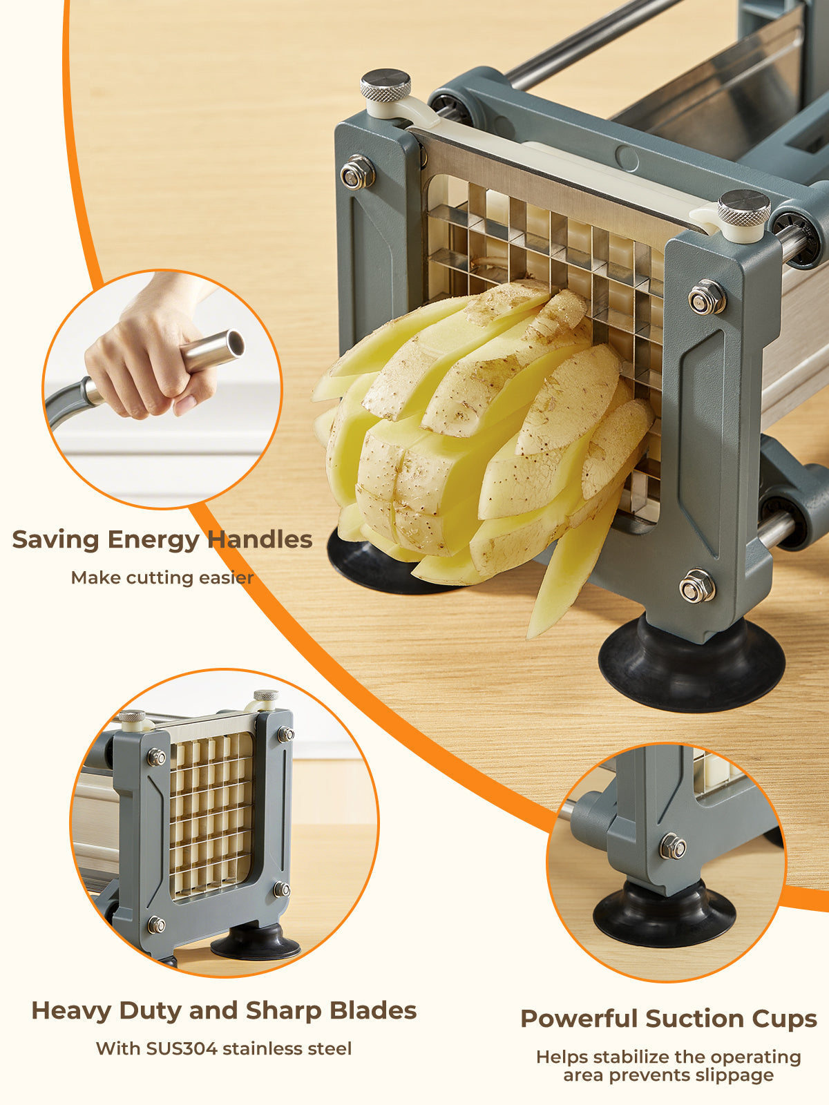 French Fry Cutter, Professional Potato Cutter Slicer with 1/2 In & 3/8 In & 1/4 In Stainless Steel Blades, FOHERE