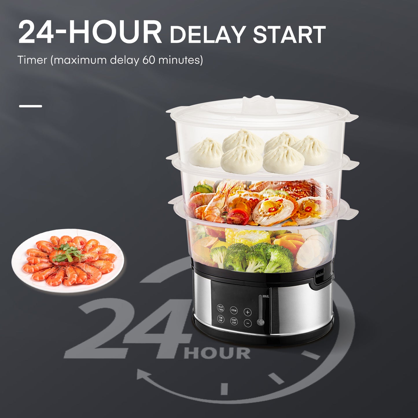 3 Tier Food Steamer 13.7QT, FOHERE 800W Electric Food Steamer for Cooking, Auto Shut-off 60-min Timer, 24H Delay Start Timer for Veggies Seafood Rice