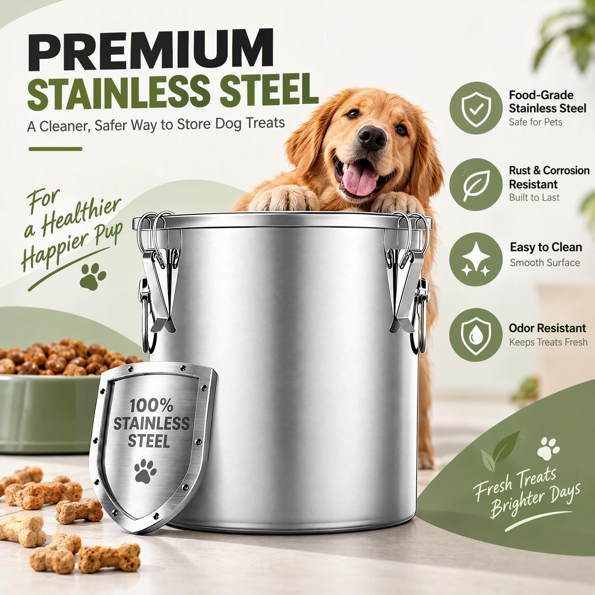 FOHERE Stainless Steel Dog Food Storage Container 35-40 LBS, Airtight Locking Lid Pet Food Bin, Moisture Proof Kibble Storage for Dogs Cats, Keep Fresh Easy to Clean