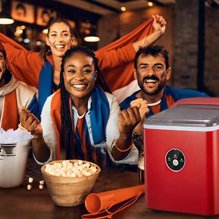 Mini Ice Maker Countertop, 9 Ice in 𝟔 𝐌𝐢𝐧𝐮𝐭𝐞𝐬, 𝟐𝟖 𝐥𝐛𝐬 Bullet-shaped Ice in 24 Hrs, 2.1Qt Water Tank, 3.3lbs Ice Basket, Quiet under 40dB, Easy One-button Operation, Super Lightweight to Move, Perfect for Parties Home Kitchen Office, RetroRed