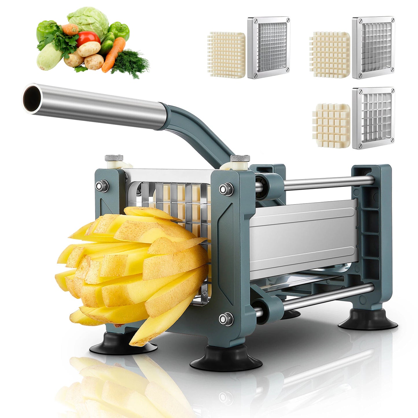 French Fry Cutter, Professional Potato Cutter Slicer with 1/2 In & 3/8 In & 1/4 In Stainless Steel Blades, FOHERE