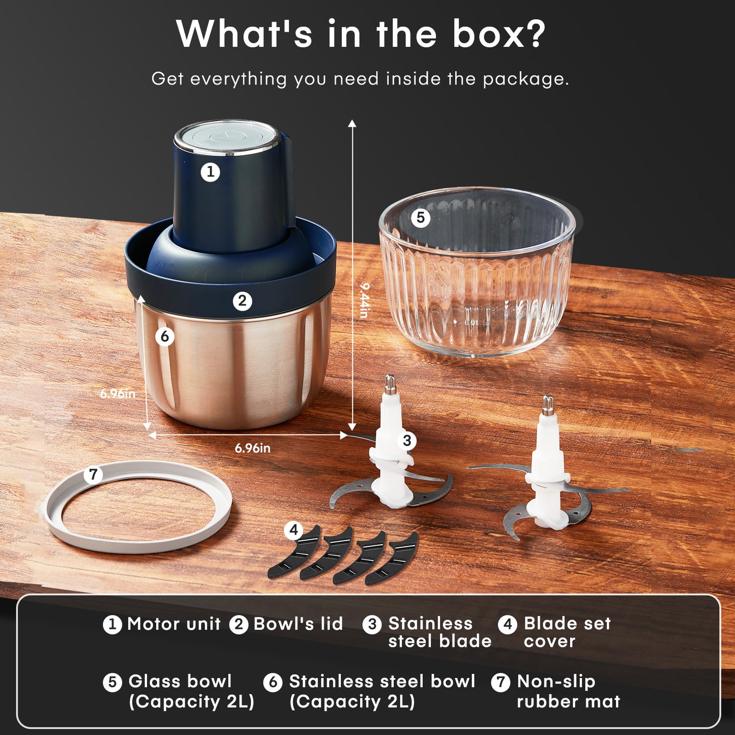 Food Processor, Electric Meat Grinder & Powerful 300W Food Chopper with Two Bowls (7 Cup+8 Cup) & 2 Bi-Level Blades for Nuts, Meat, Onion, Garlic, Baby Food