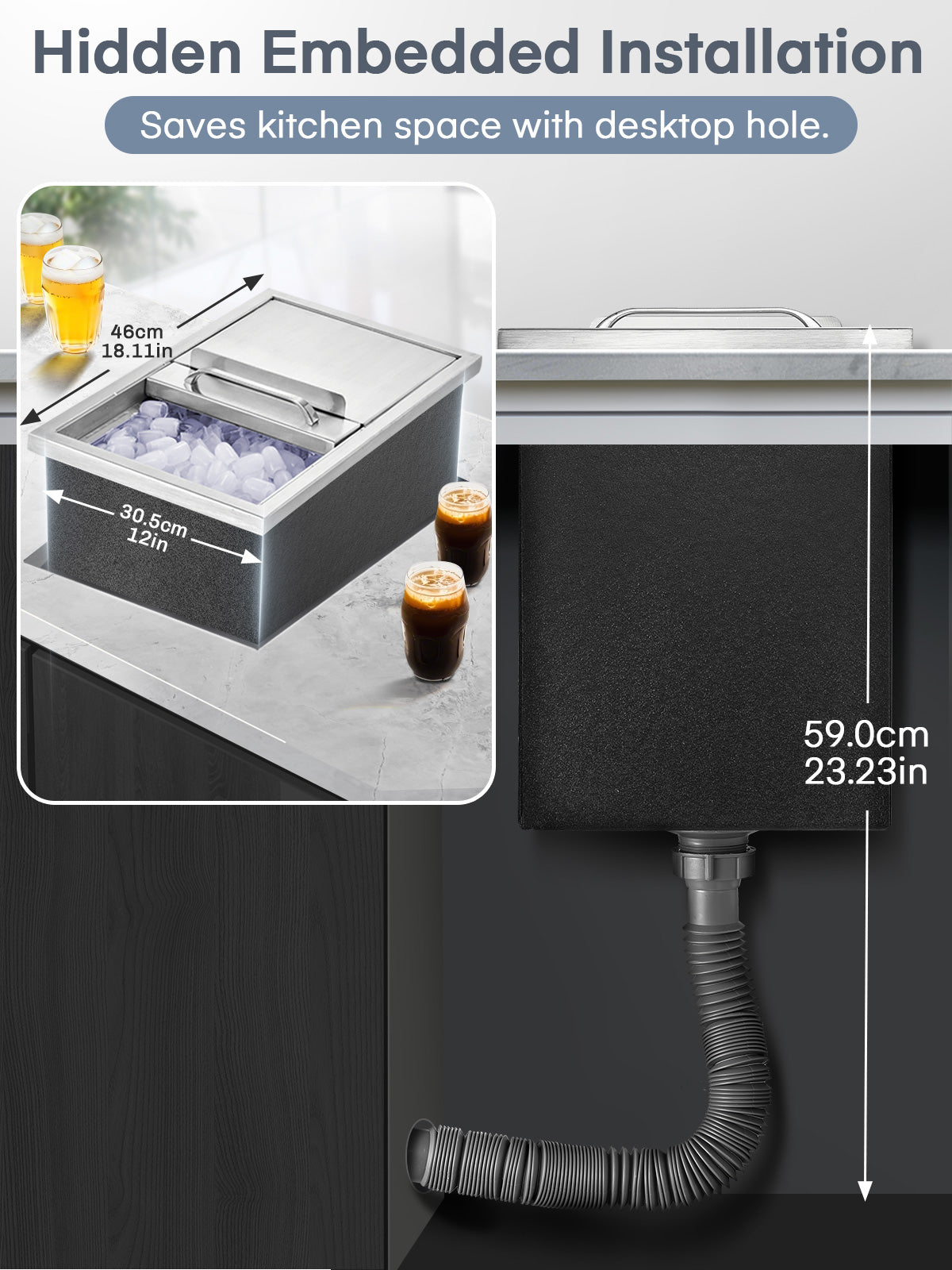Drop in Ice Chest, 18" x 12" x 14.5", 28Qt Stainless Steel Ice Cooler with Sliding Lid