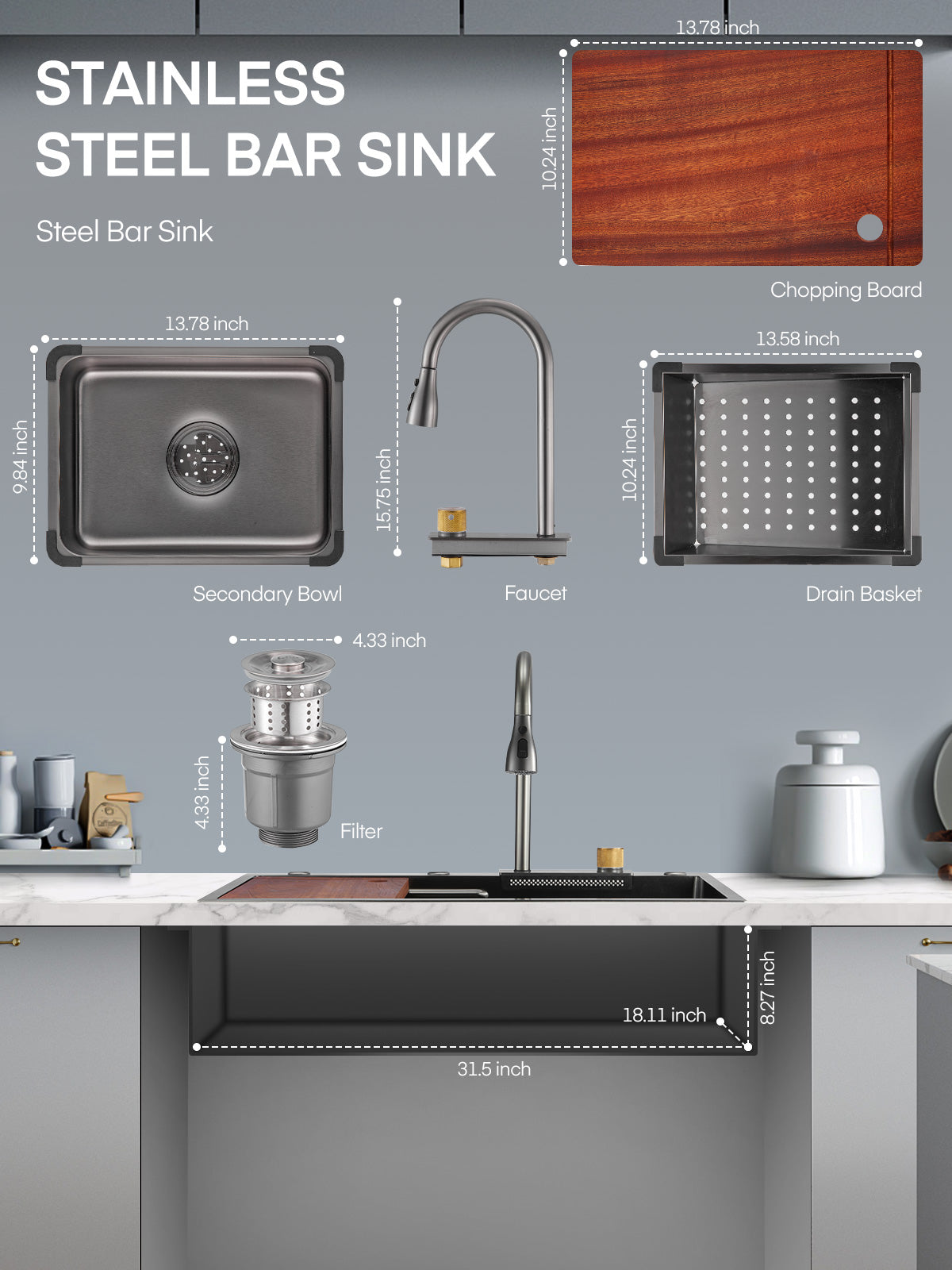 31.5" Waterfall Stainless Steel Kitchen Sink Set with Pull-Down Dual Temperature Control Faucet