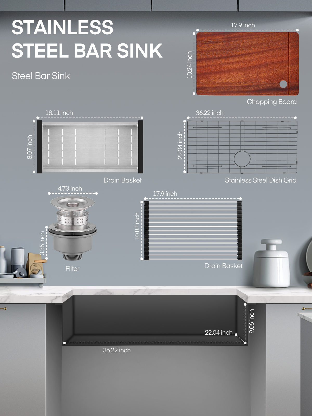 36" Farmhouse Single Basin Stainless Steel Sink, Above Counter Kitchen Sink, 5-in-1