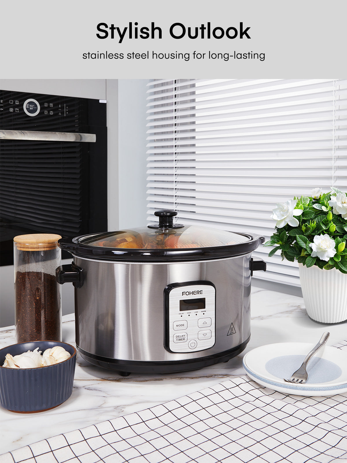 FOHERE 6.0 Qt Programmable Slow Cooker, Ceramic Ineer Pot, Adjustable Temperature & Cooking Times, Dishwasher Safe Stoneware Pot & Tempered Glass Lid