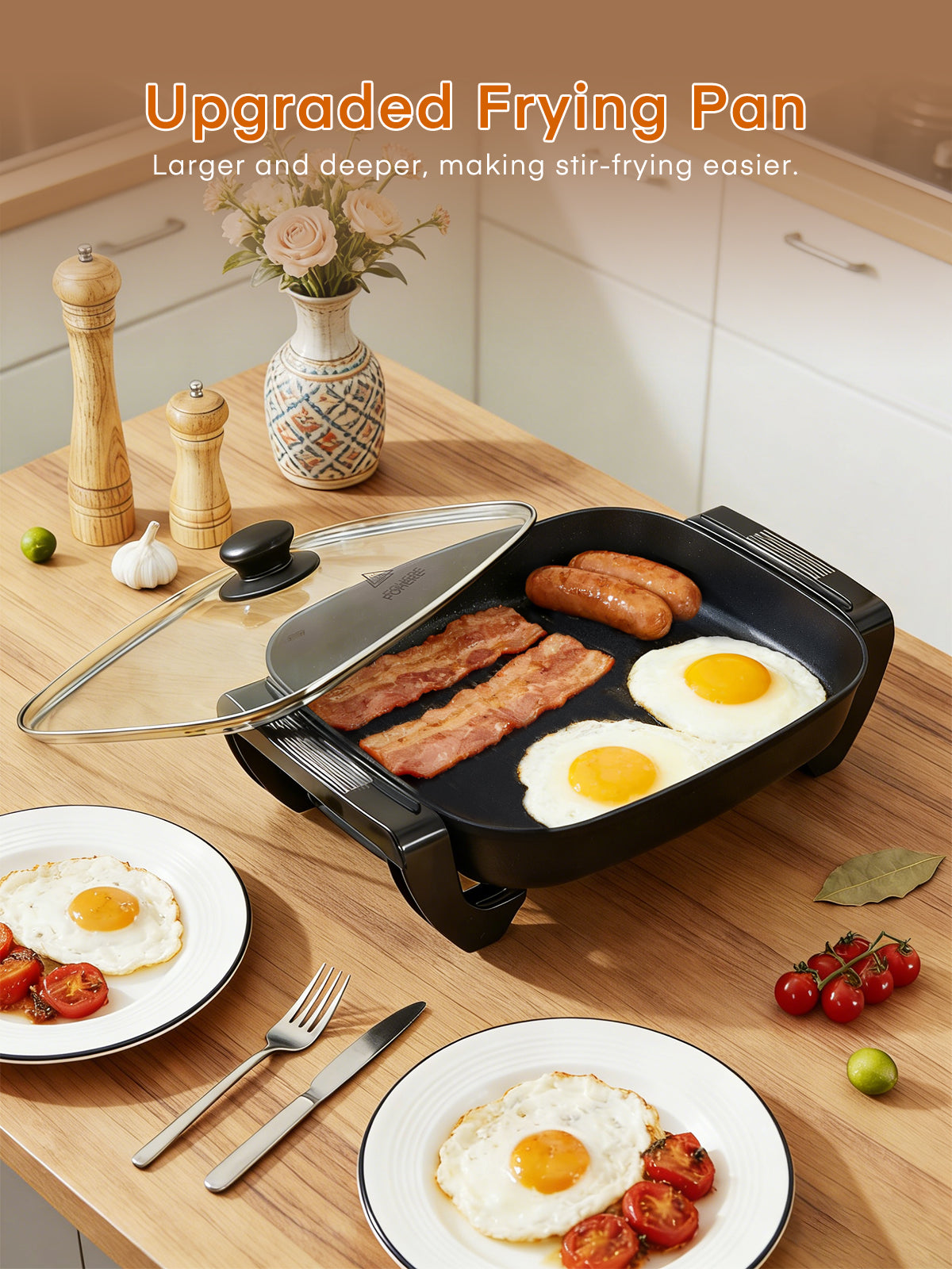 FOHERE 16-Inch Electric Skillet with Non-Stick Coating, Tempered Glass Cover, Precise Temperature Control, 1500W