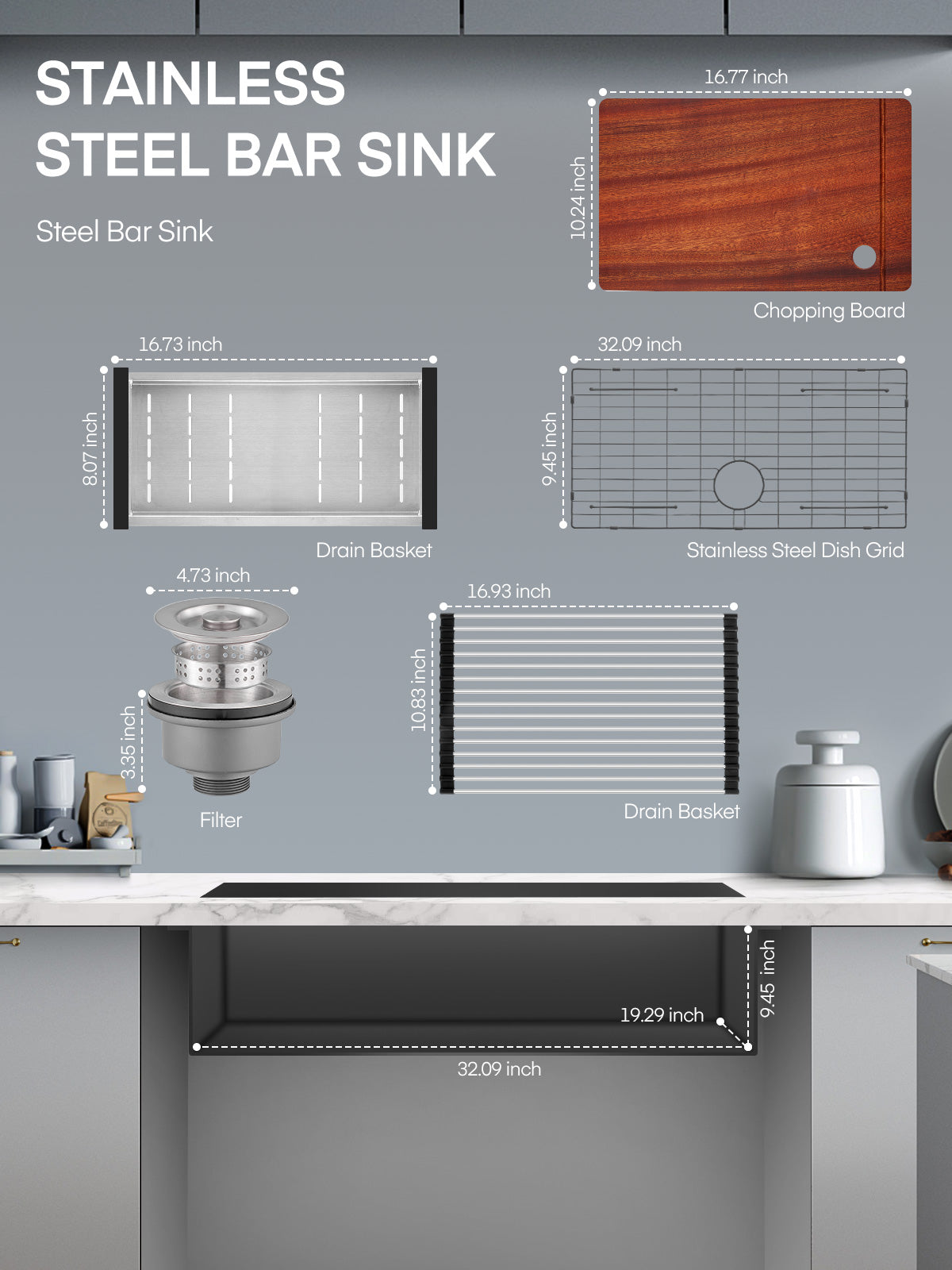 32" Farmhouse Single Basin Stainless Steel Sink, Undermount Kitchen Sink, 5-in-1