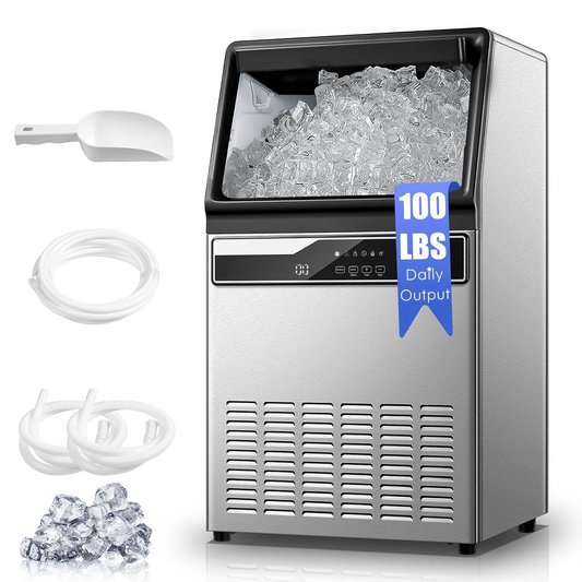 Commercial Ice Maker Machine 𝟏𝟎𝟎𝐥𝐛𝐬 𝐩𝐞𝐫 𝟐𝟒𝐇, 𝐀𝐥𝐥-𝐚𝐫𝐨𝐮𝐧𝐝 𝐒𝐭𝐚𝐢𝐧𝐥𝐞𝐬𝐬 𝐒𝐭𝐞𝐞𝐥 Under Counter Ice Machine with 33lbs Storage Capacity, Freestanding Ice Maker, Silver
