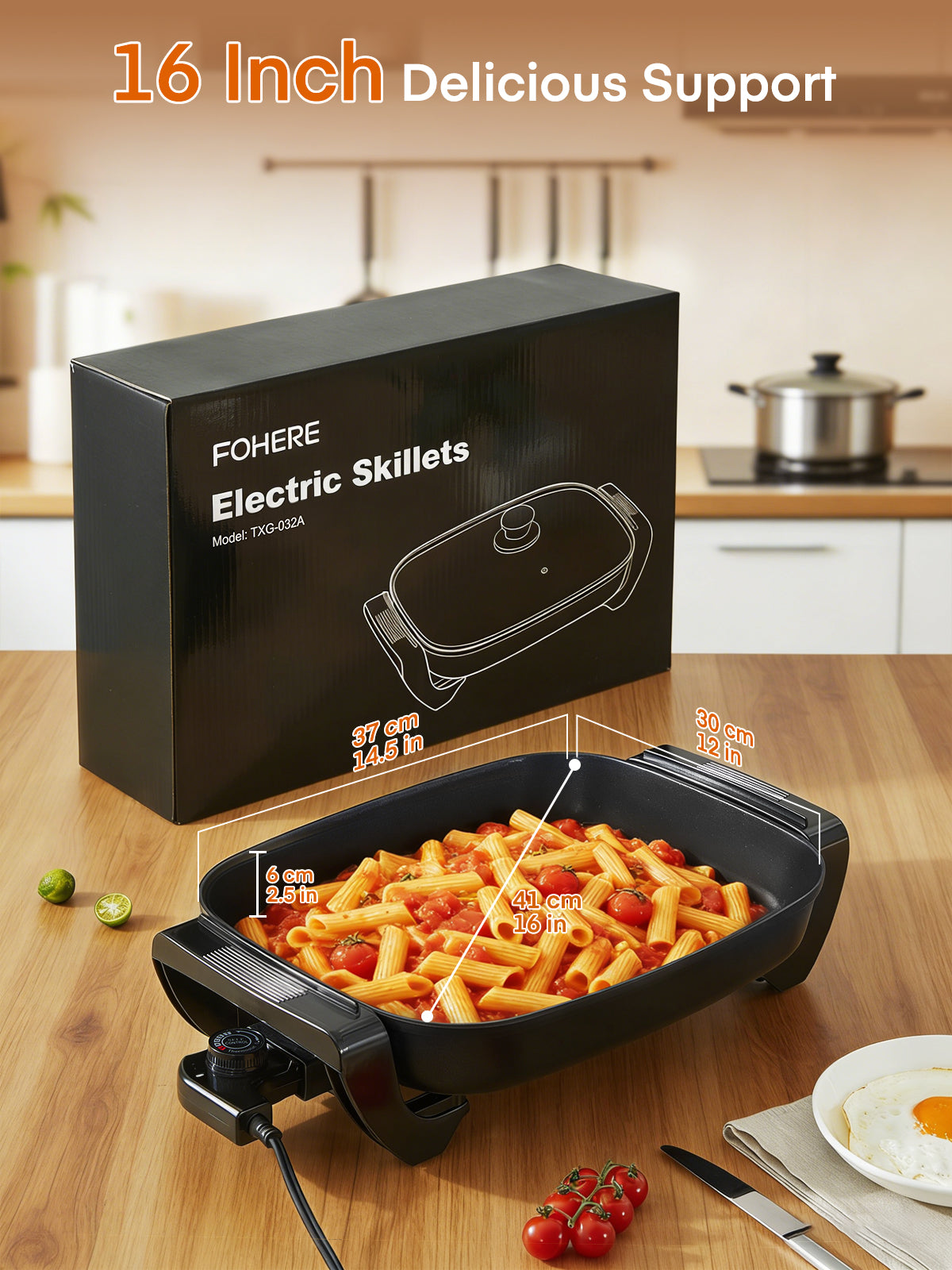 FOHERE 16-Inch Electric Skillet with Non-Stick Coating, Tempered Glass Cover, Precise Temperature Control, 1500W