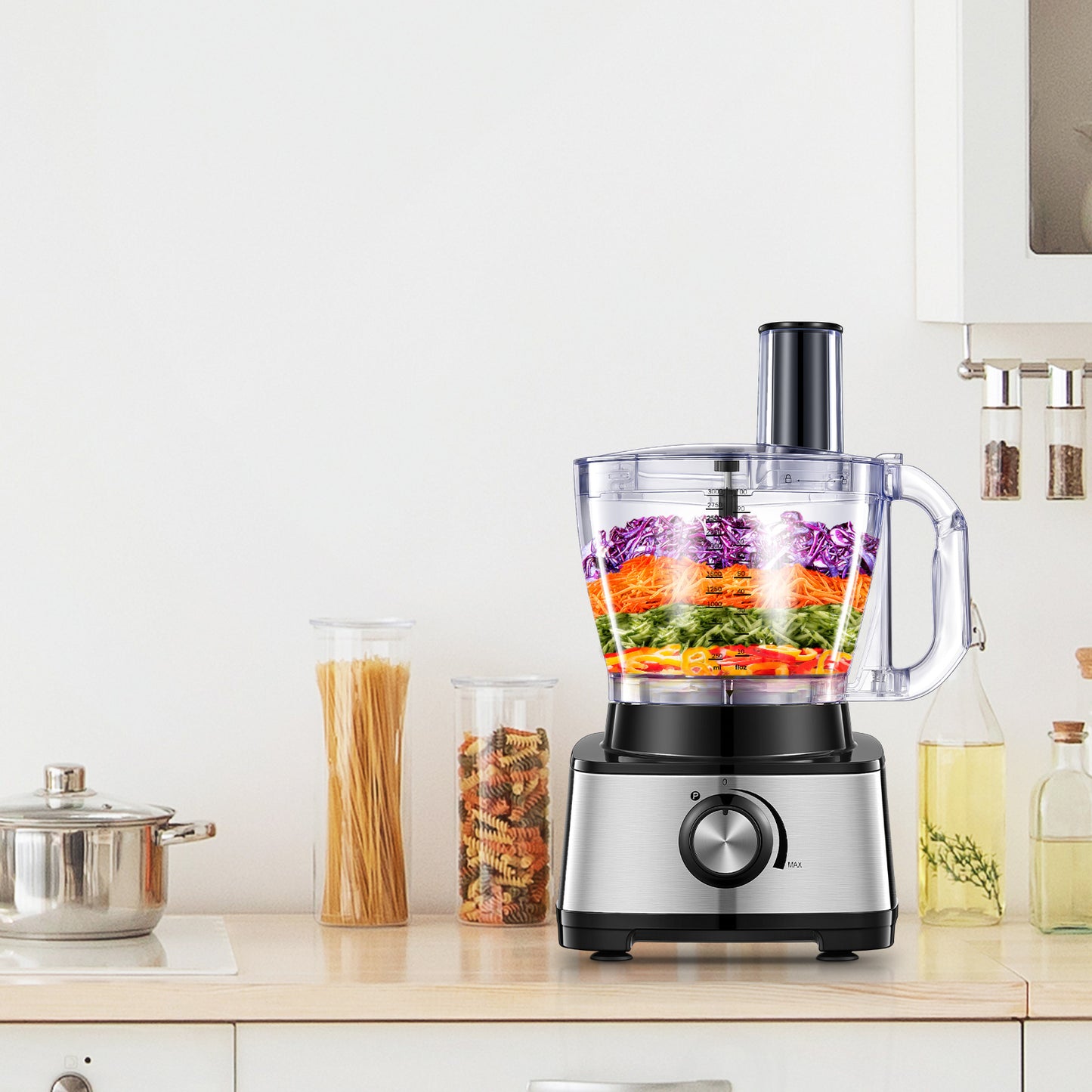 Food Processor 14 Cup, 600w, 2016W Peak Motor, 6 Functions for Shredding, Slicing, Doughing, Emulsifying and Juicing