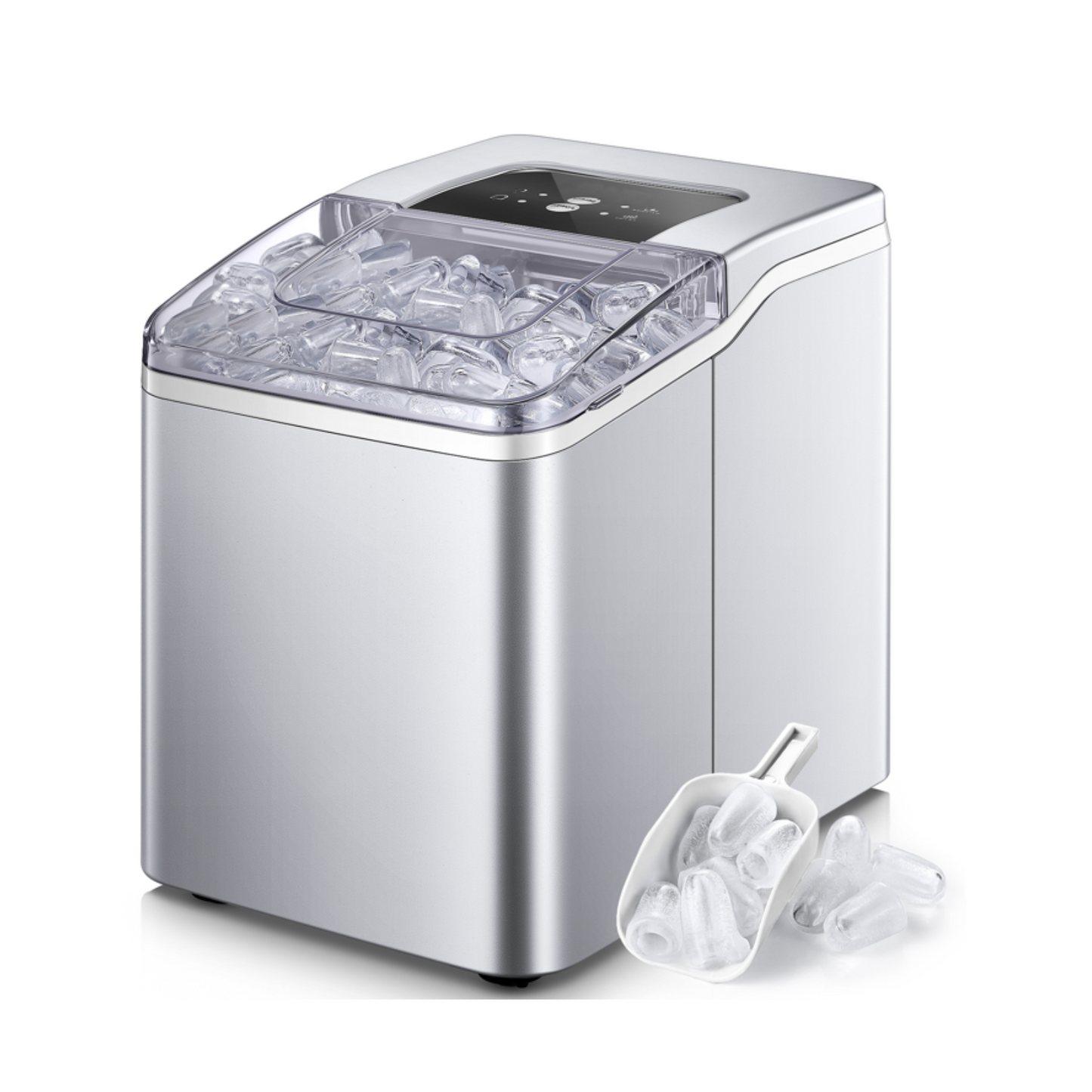 𝟑𝟎 𝐥𝐛𝐬 Ice Maker Countertop 𝟐 𝐈𝐜𝐞 𝐒𝐢𝐳𝐞𝐬, Self-Clean, 9 Bullet-shaped Ice Cubes in 𝟔 𝐌𝐢𝐧𝐮𝐭𝐞𝐬, 2.1Qt Water Tank, 3.3lbs Ice Basket, Quiet under 40dB, Super Lightweight to Move, Compact Portable Ice Machine for Home Kitchen Party, Silvery