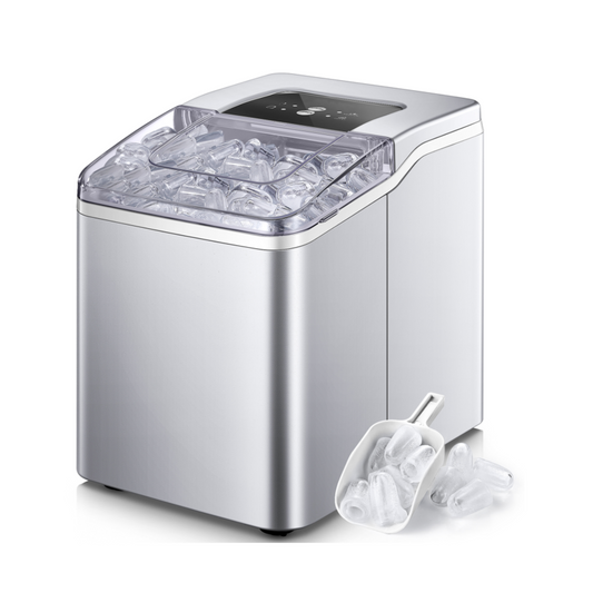 𝟑𝟎 𝐥𝐛𝐬 Ice Maker Countertop 𝟐 𝐈𝐜𝐞 𝐒𝐢𝐳𝐞𝐬, Self-Clean, 9 Bullet-shaped Ice Cubes in 𝟔 𝐌𝐢𝐧𝐮𝐭𝐞𝐬, 2.1Qt Water Tank, 3.3lbs Ice Basket, Quiet under 40dB, Super Lightweight to Move, Compact Portable Ice Machine for Home Kitchen Party, Silvery