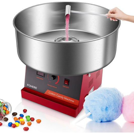 FOHERE Commercial Cotton Candy Machine, 1000W Cotton Candy Maker Machine, Candy Floss Maker with Stainless Steel Bowl, and Sugar Scoop,for Family Party, Kids Birthday Red