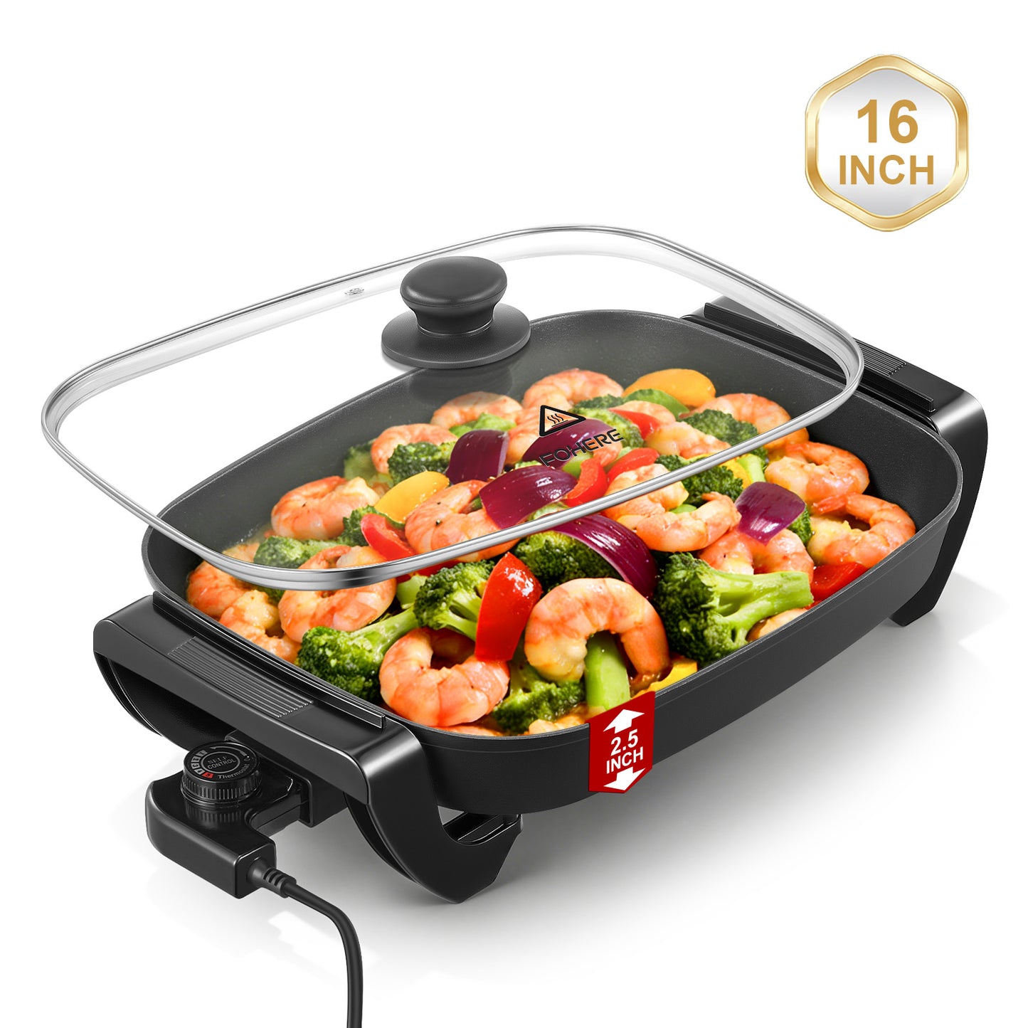 FOHERE 16-Inch Electric Skillet with Non-Stick Coating, Tempered Glass Cover, Precise Temperature Control, 1500W
