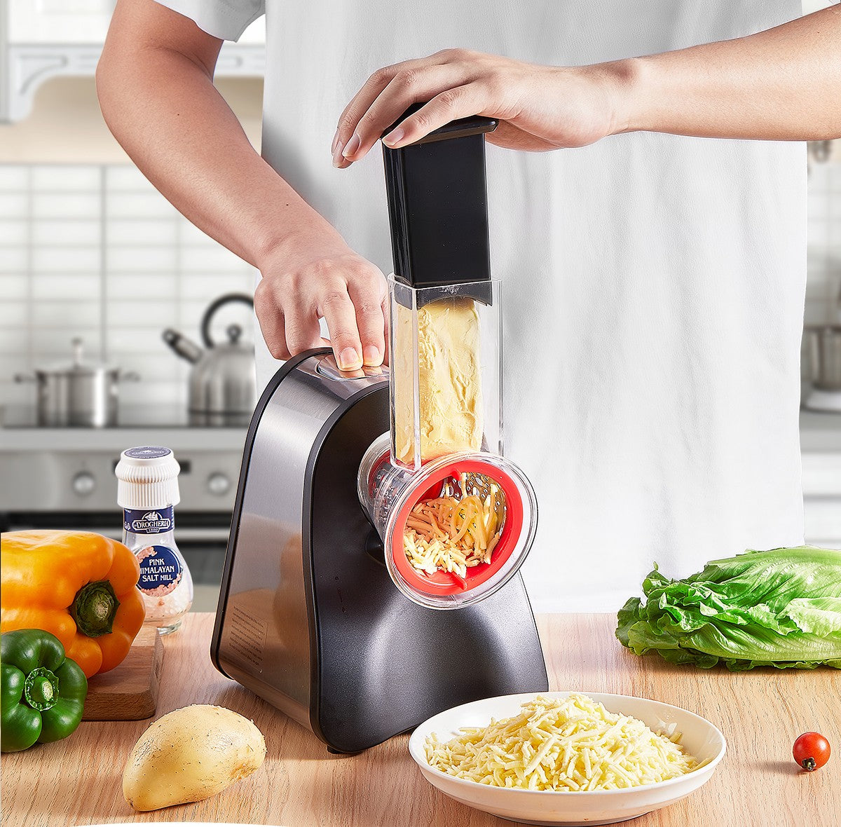 4 in 1 Electric Vegetable Grater 150W Electric Grater for Fruit and Vegetables, Ideal for Cheese, Cucumber, Carrot