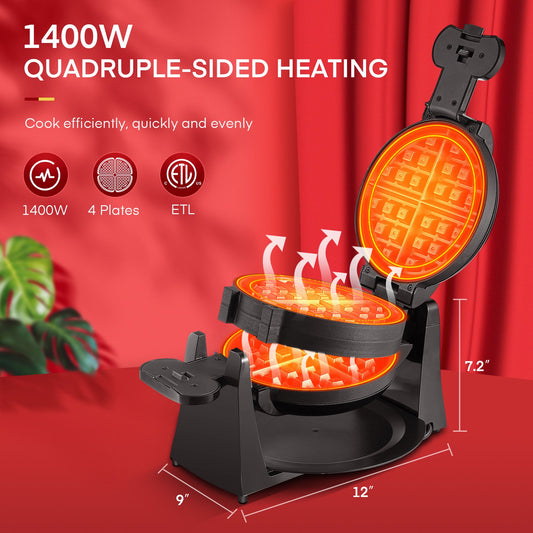 Waffle Maker, 𝟏𝟒𝟎𝟎𝑾 𝑫𝒐𝒖𝒃𝒍𝒆 Belgian Waffle Iron 180° Flip, 8 Slices in 3 Mins, Rotating & Nonstick Plates, Anti-Scald, Removable Drip Tray Easy to Clean, Cool Touch Handle, Space-Saving Storage(Black)