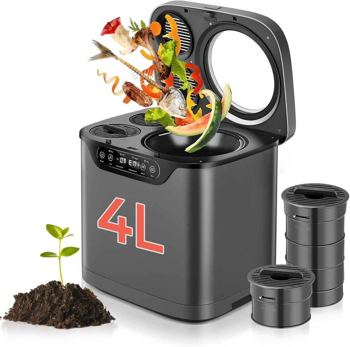 FOHERE 4L Electric Kitchen Composter with Carbon Filter, Viewing Window, Countertop Food Waste Recycler, Auto-Clean
