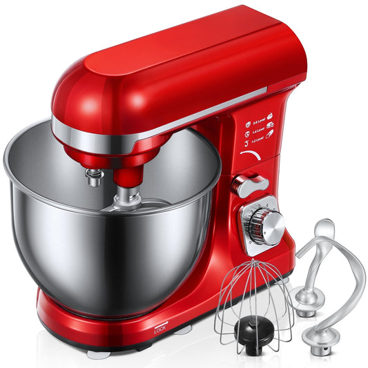 FOHERE Stand Mixer with Double Hook, 6 Speeds, 5.5Qt Stainless Steel Bowl, Beater and Whisk Red