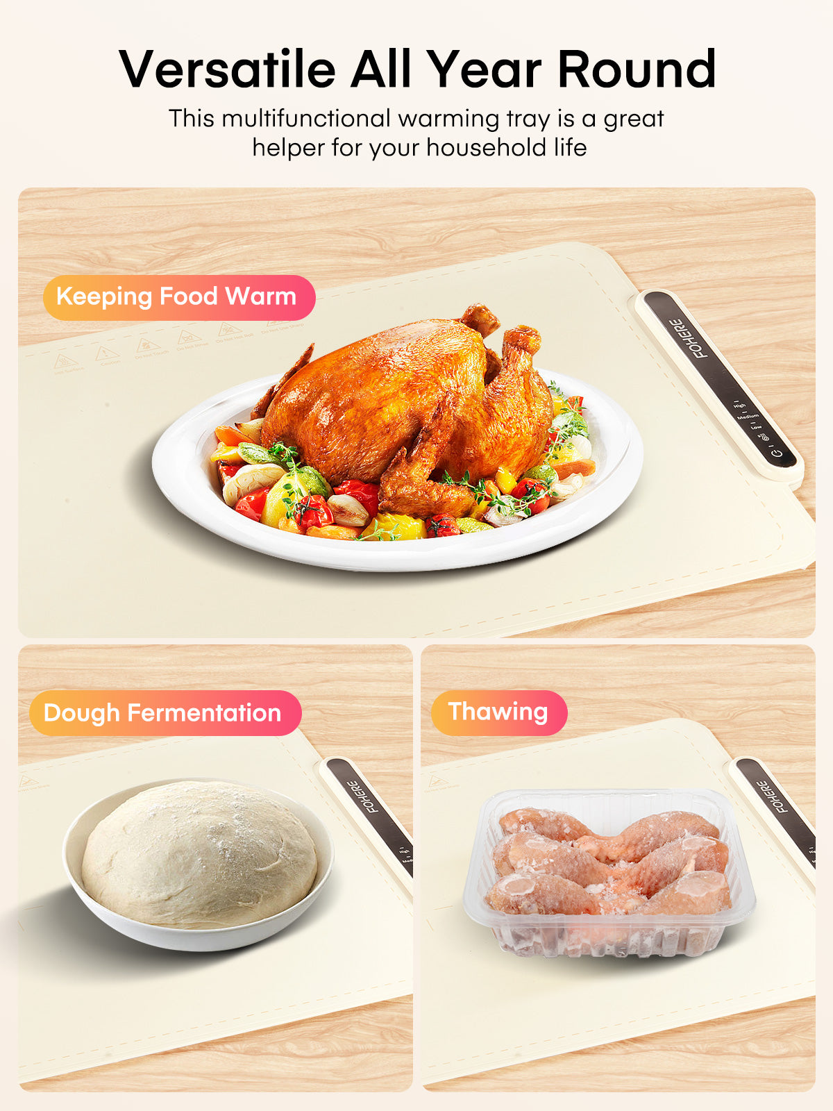 FOHERE Food Warming Mat, Fast Heating Electric Warming Tray with 3 Level Temperature, Roll-up Food-Grade Silicone Heating Pad, 3H Auto Shut-Off, Portable Food Warmer for Parties Buffet Home, White