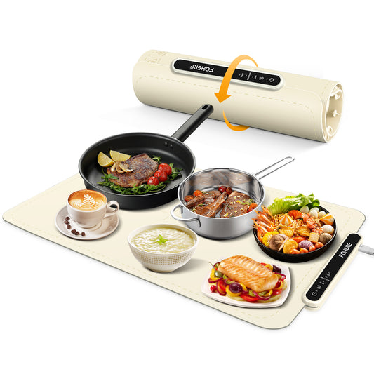 FOHERE Food Warming Mat, Fast Heating Electric Warming Tray with 3 Level Temperature, Roll-up Food-Grade Silicone Heating Pad, 3H Auto Shut-Off, Portable Food Warmer for Parties Buffet Home, White