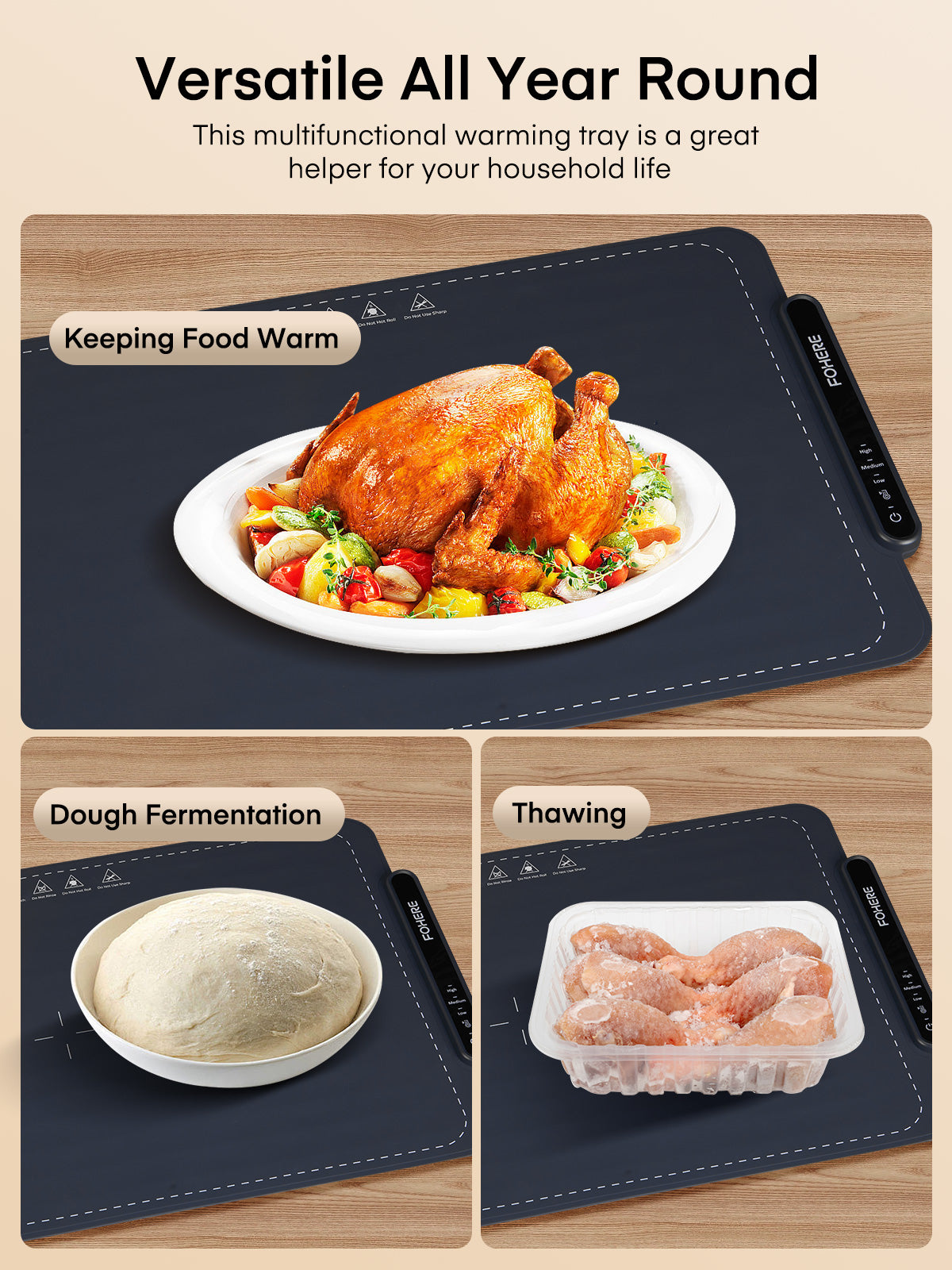 FOHERE Warming Mat for Food Full Surface Heating with 3 Modes, Electric Warming Tray Keeping Food Warm or Thawing for Parties Buffets Gatherings Holidays Daily Use, Versatile, Rollable, Dark Blue